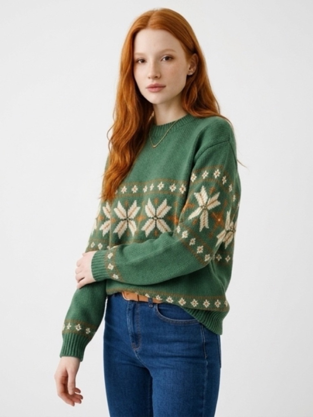 Vintage 70s/80s Sportswear Snowflake Knit Sweater - XL Forest Green